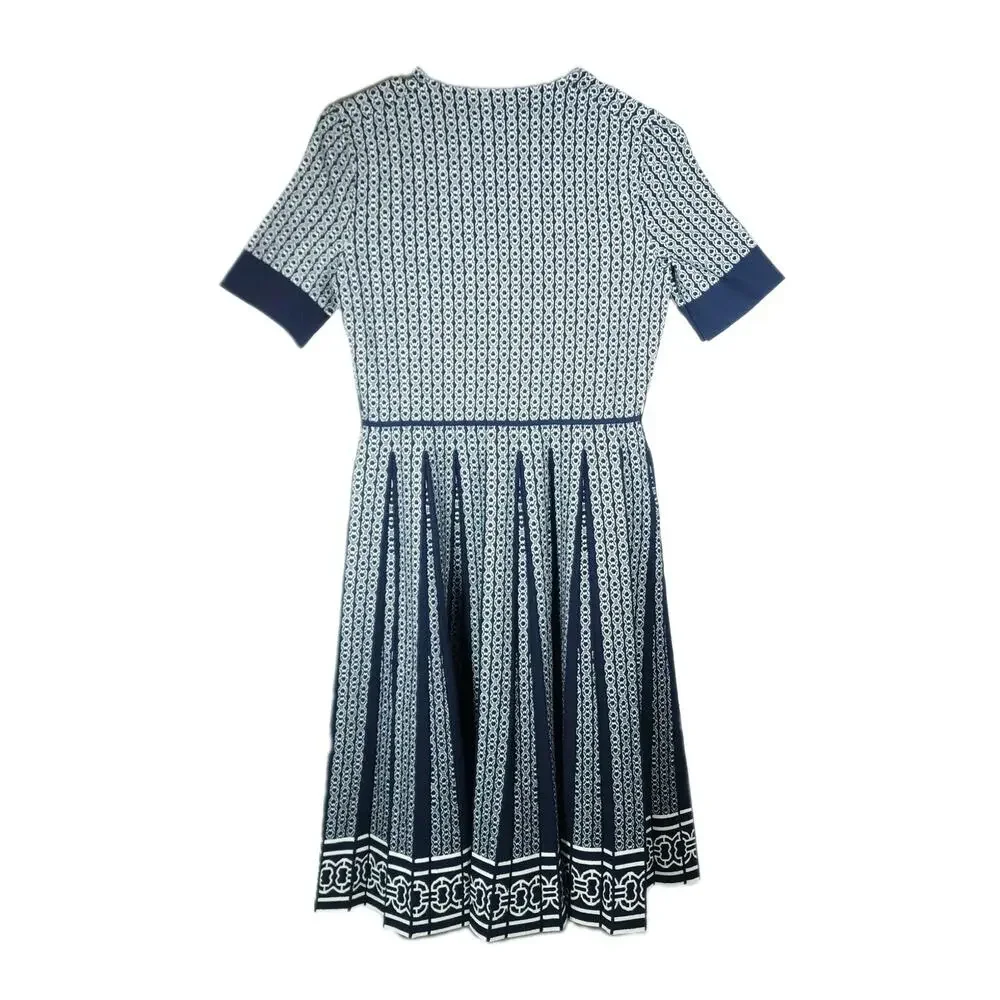 Tory Burch Gemini Link Small Knit Navy Jacquard Pleated Polo Dress NO BELT